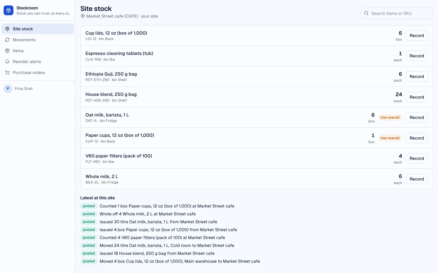Inventory and stock control on desktop