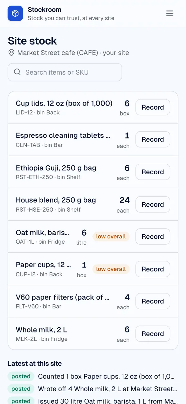 Inventory and stock control on a phone