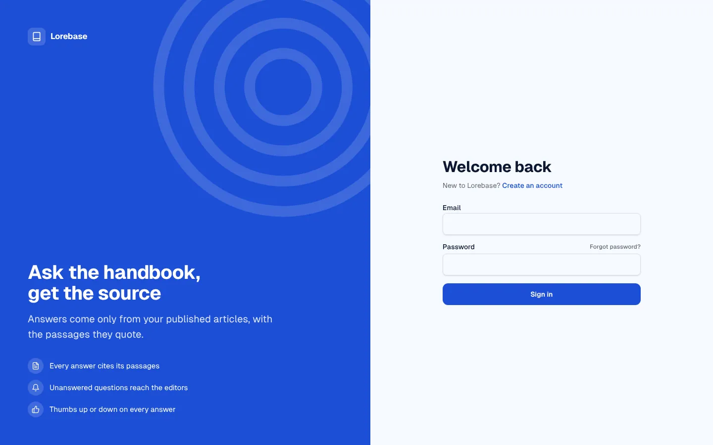 Lorebase sign-in screen