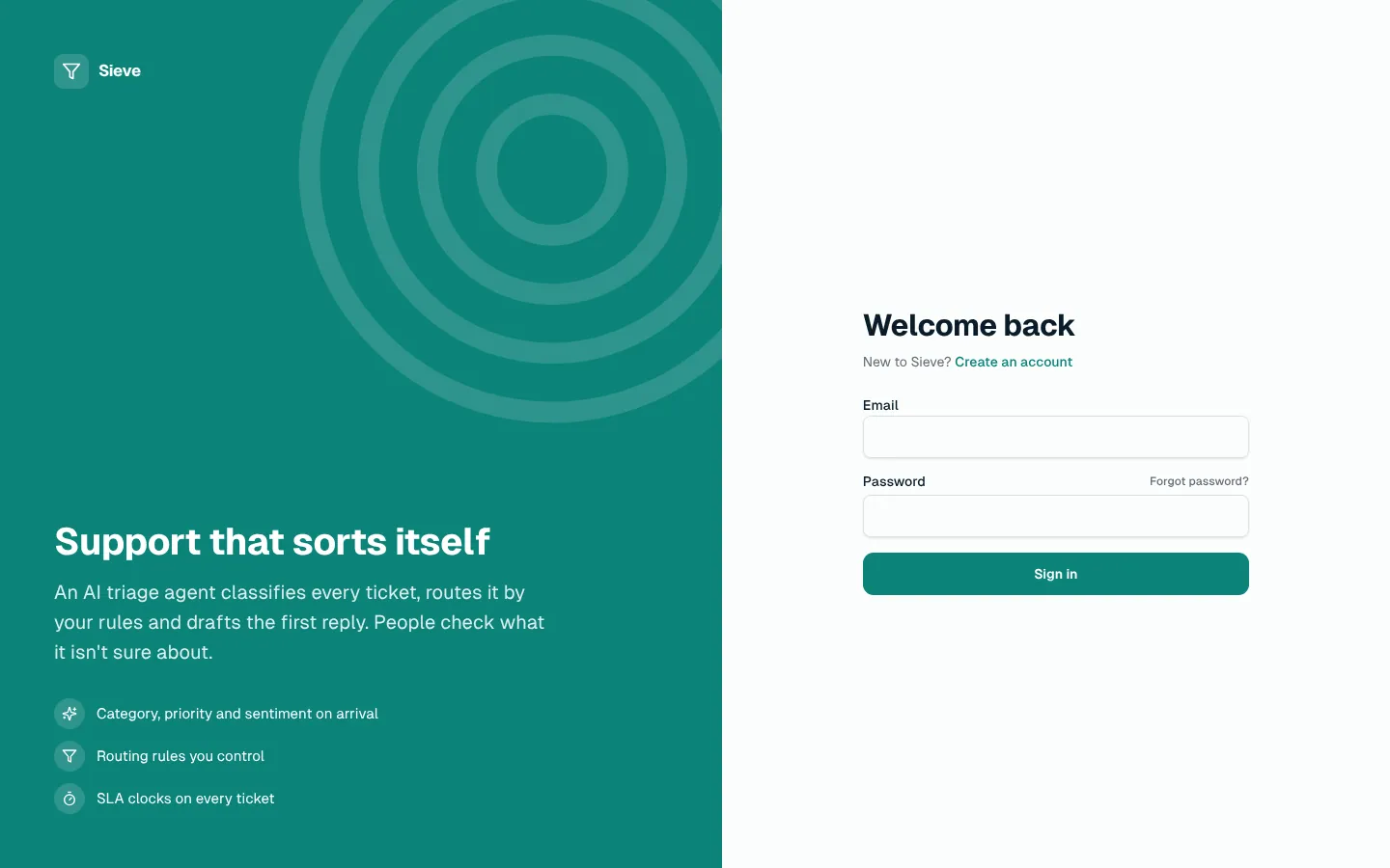 Sieve sign-in screen
