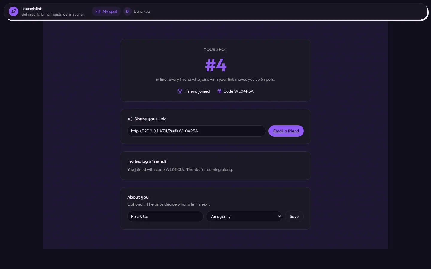 Waitlist with referrals on desktop