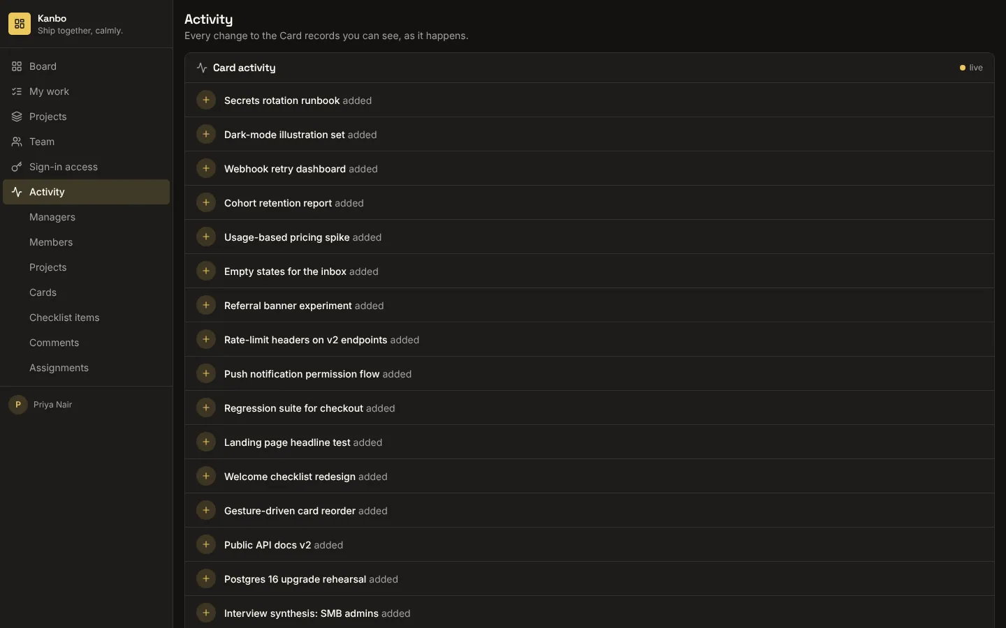 Live activity feed: the Activity page, added to Kanbo, on desktop