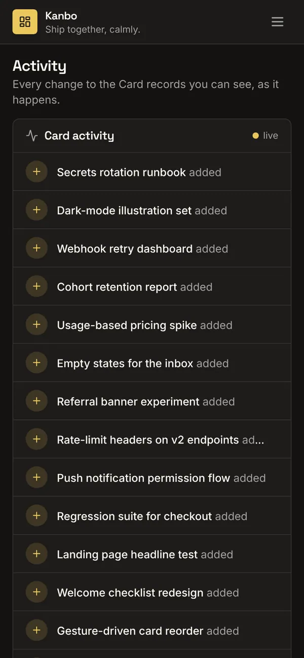 Live activity feed: the Activity page, added to Kanbo, on a phone