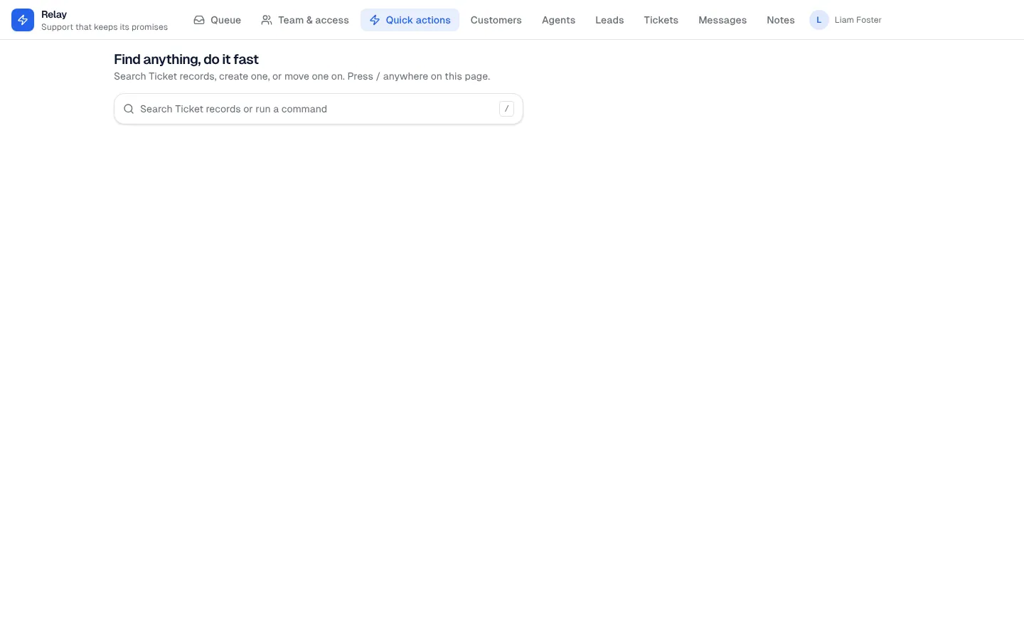 Command palette: the Quick actions page, added to Relay, on desktop