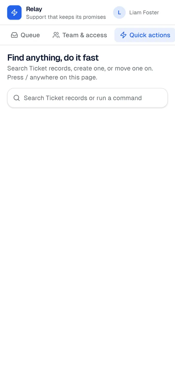 Command palette: the Quick actions page, added to Relay, on a phone