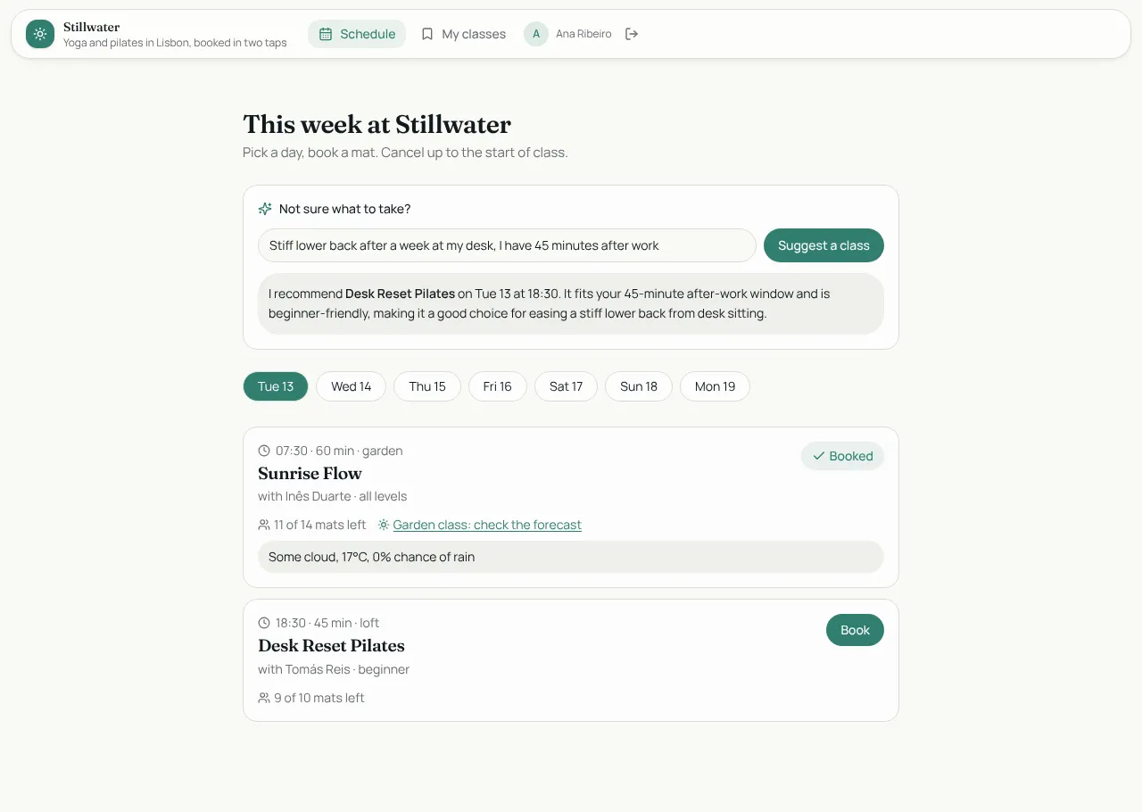 Stillwater's member schedule: an AI suggestion for Desk Reset Pilates, day chips, and a Sunrise Flow class with a forecast of some cloud and 17 degrees