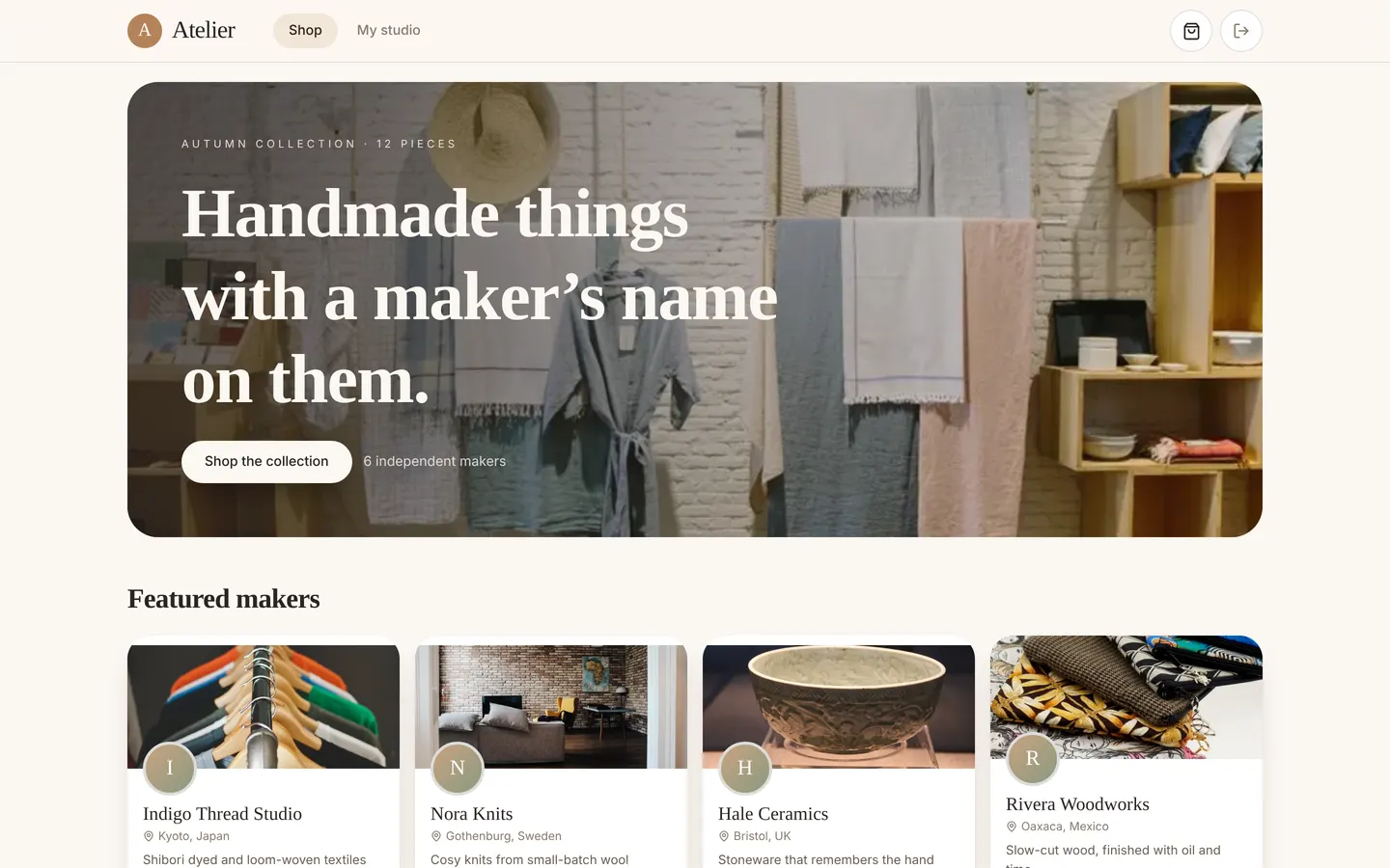 Atelier, a marketplace for handmade goods, on desktop