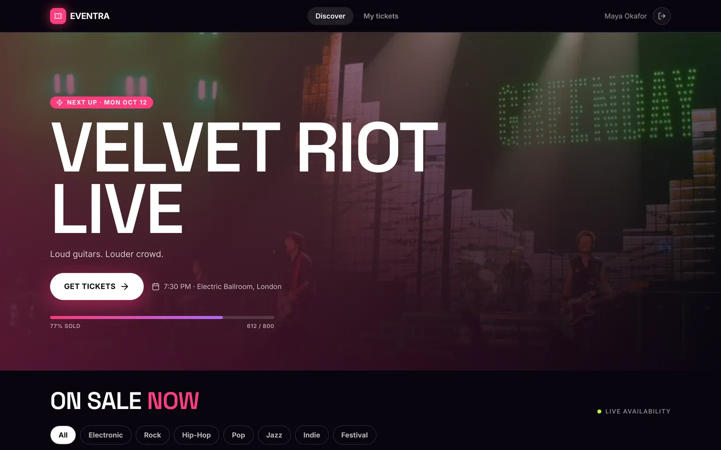 Eventra, gig tickets with qr passes and a door scanner, on desktop