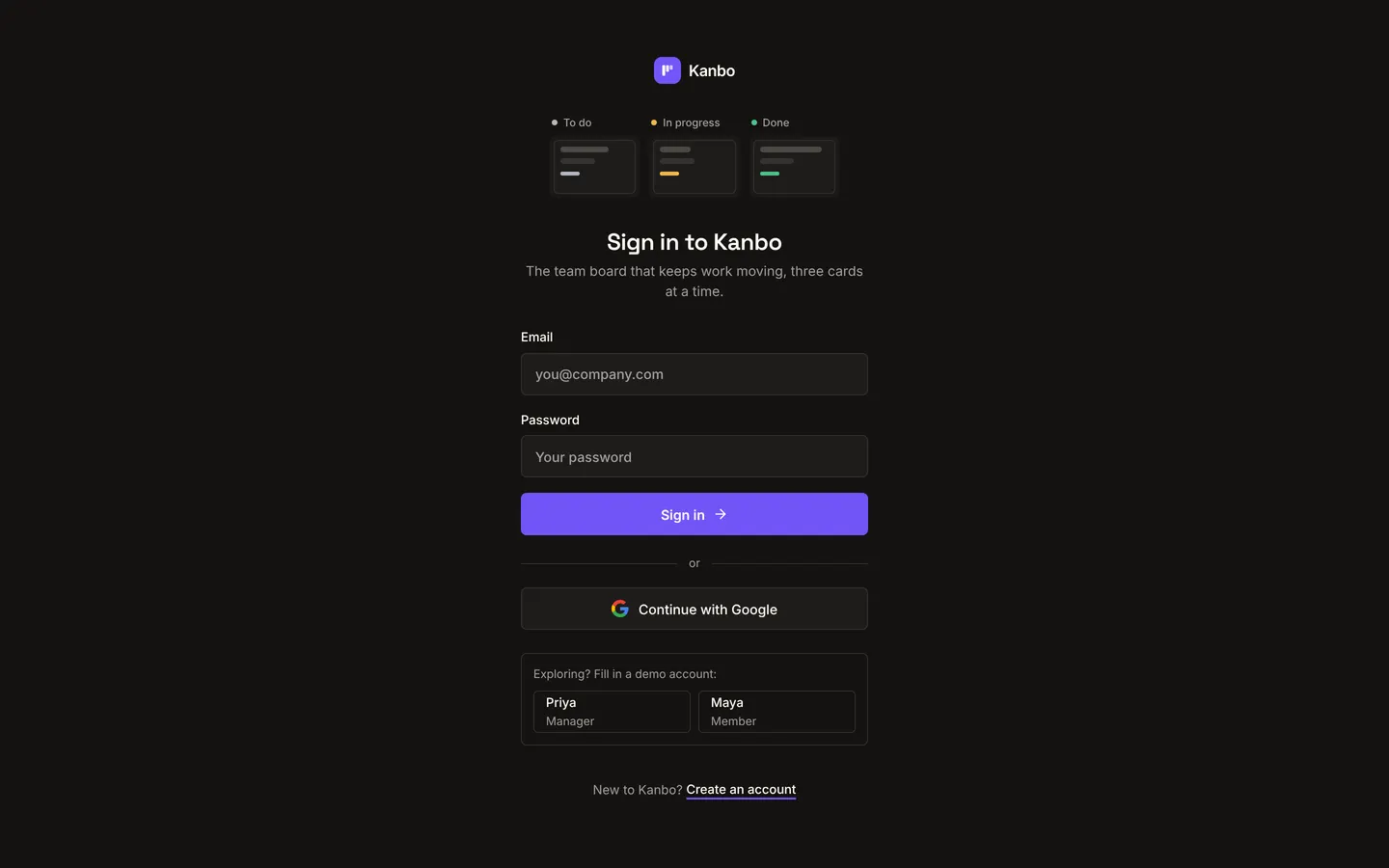 Kanbo sign-in screen