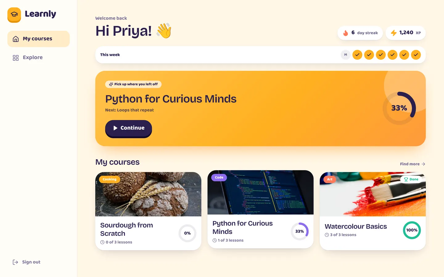 Learnly, courses with quizzes, streaks and an ai tutor, on desktop