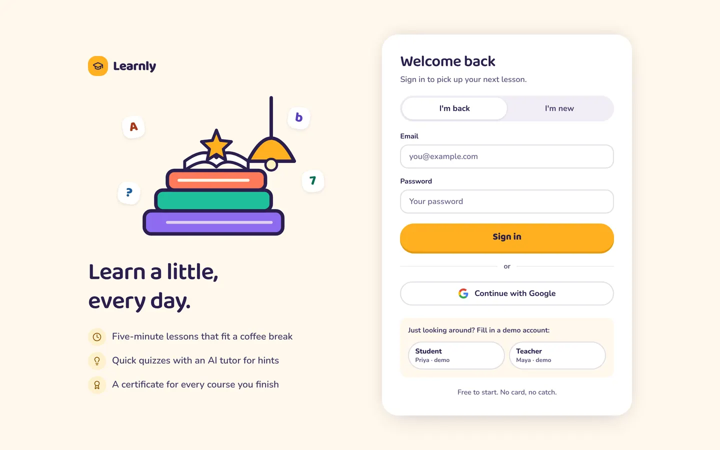 Learnly sign-in screen