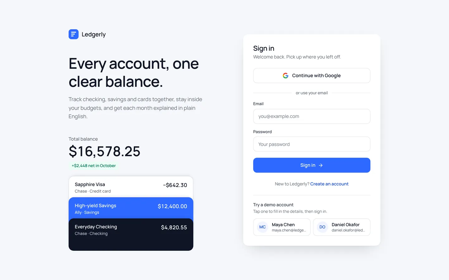 Ledgerly sign-in screen