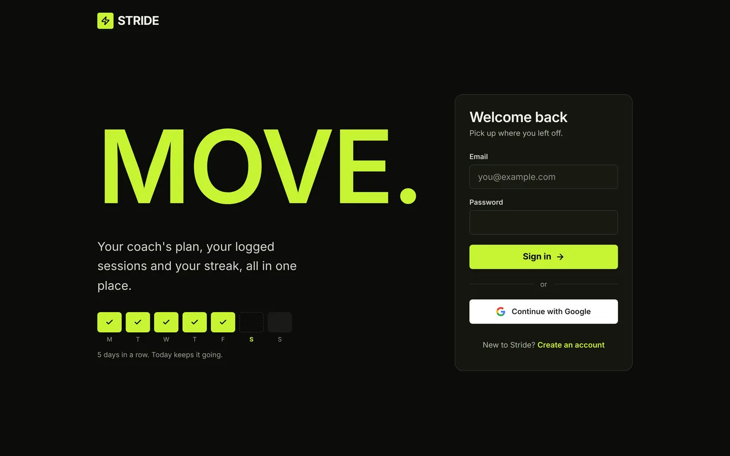 Stride sign-in screen